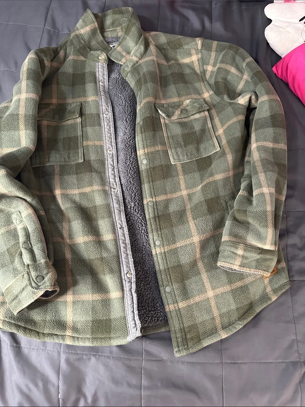 Green Plaid Sherpa-Lined Button-Up Shirt Jacket